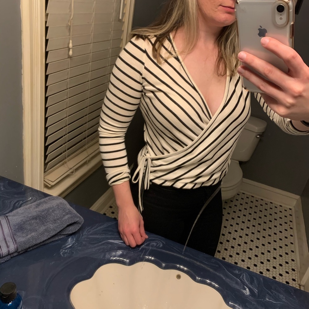 Lucky Brand Black and White Stripe Surplice Top